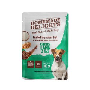 Pouch Homemade Delights Perro Adulto Pollo, Cordero Y Arroz X 100 Gr